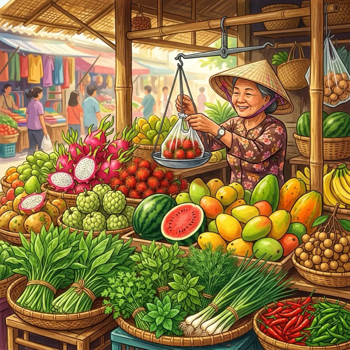 Fruit & Vegetables at a Saigon Market: xoài, chôm chôm, rau muống and the counters trái, bó, kí