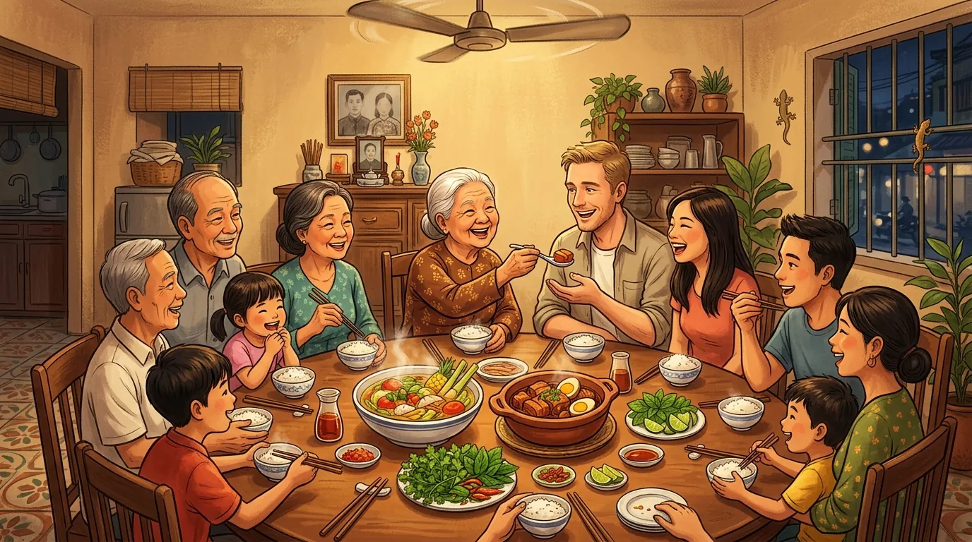 A large Southern Vietnamese family gathering happily around a dinner table.