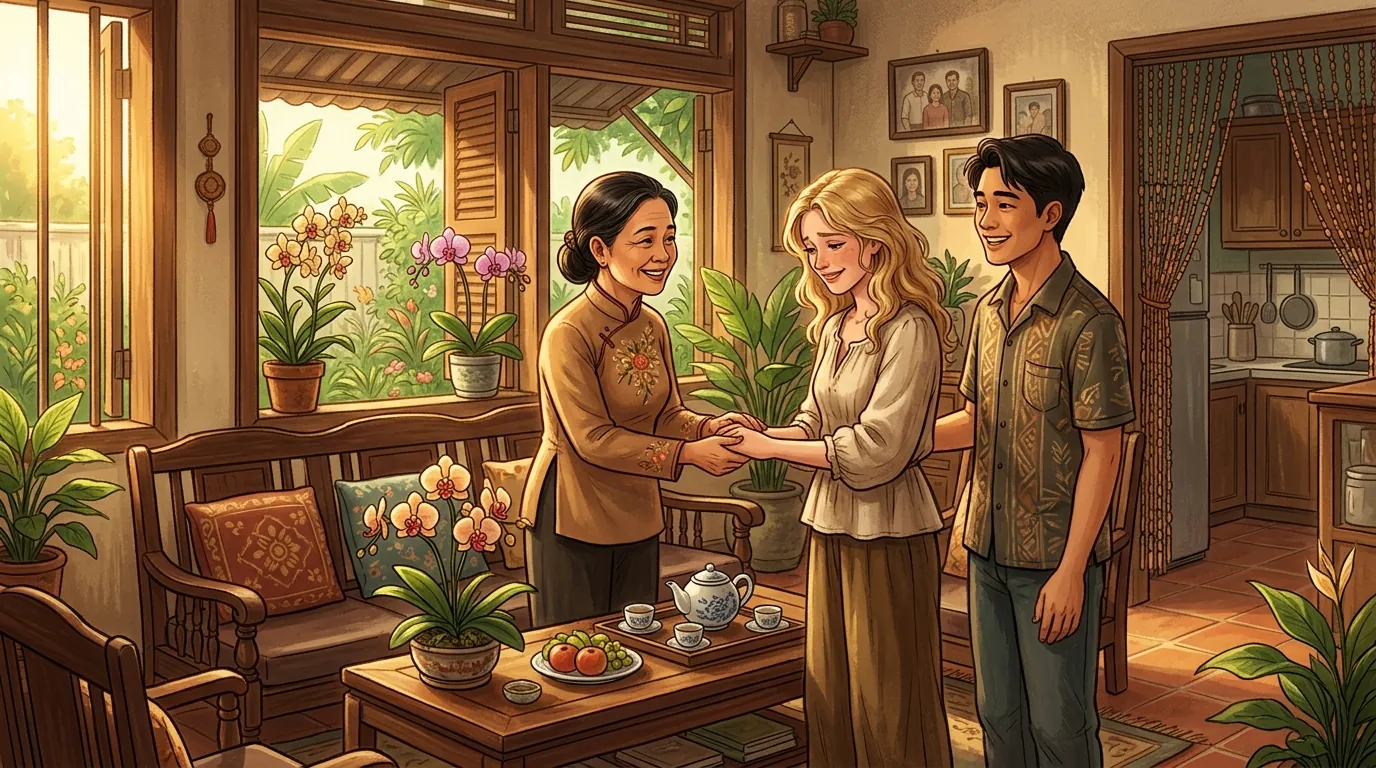 An older Vietnamese mother warmly greeting her child's foreign partner.