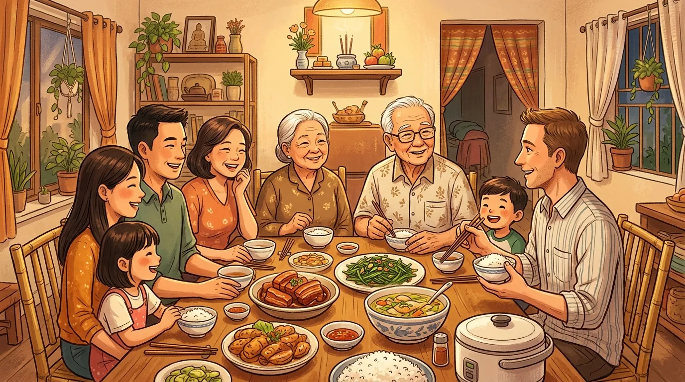 A family dinner where a younger person is inviting the elders to eat