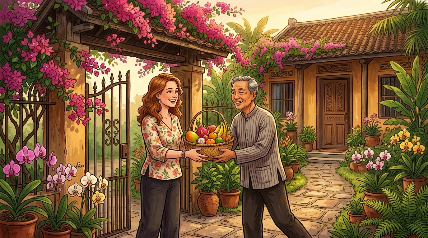 Offering a basket of fruit to a Vietnamese father-in-law