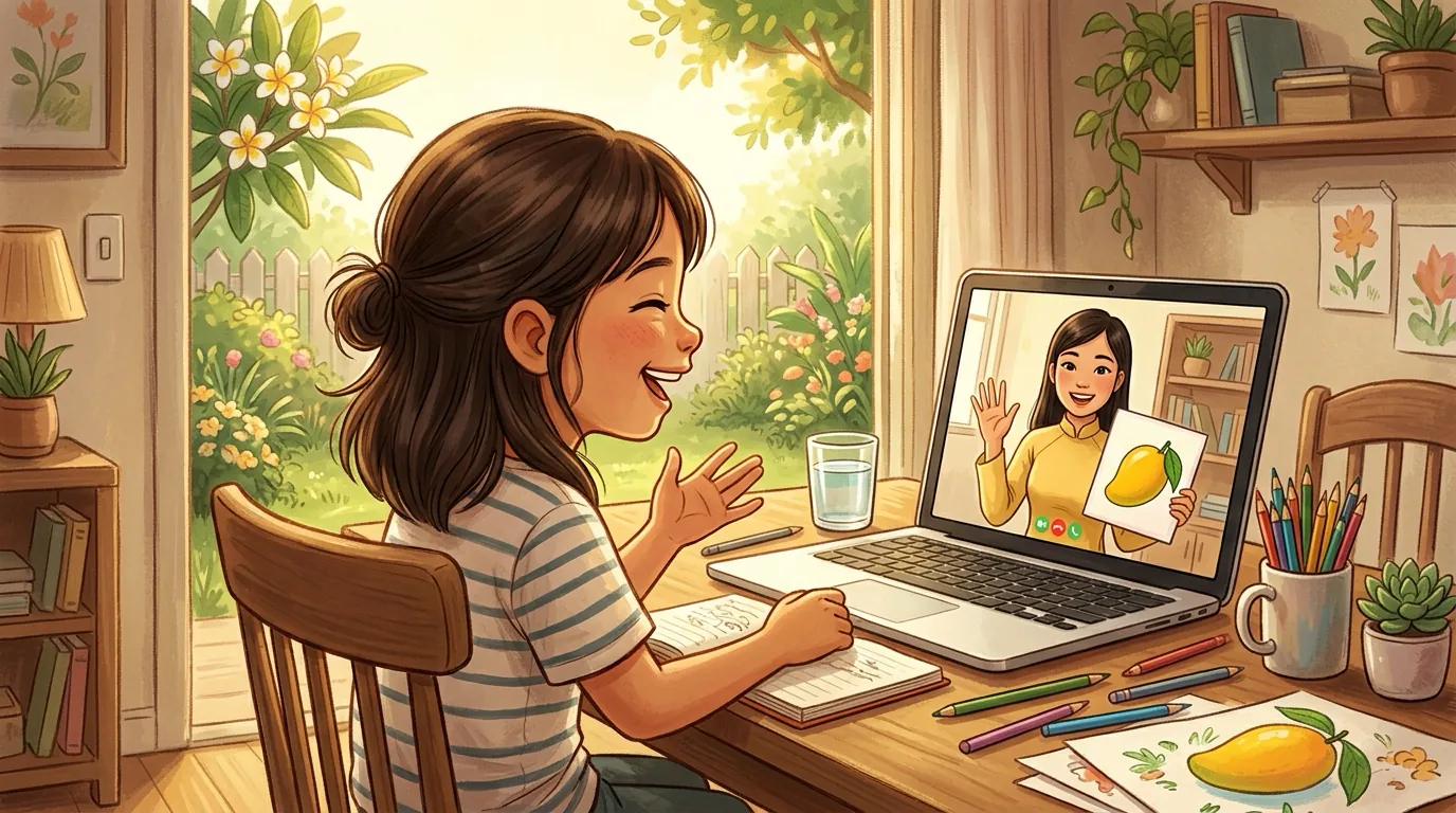 A young girl smiling at her online Vietnamese teacher on a laptop