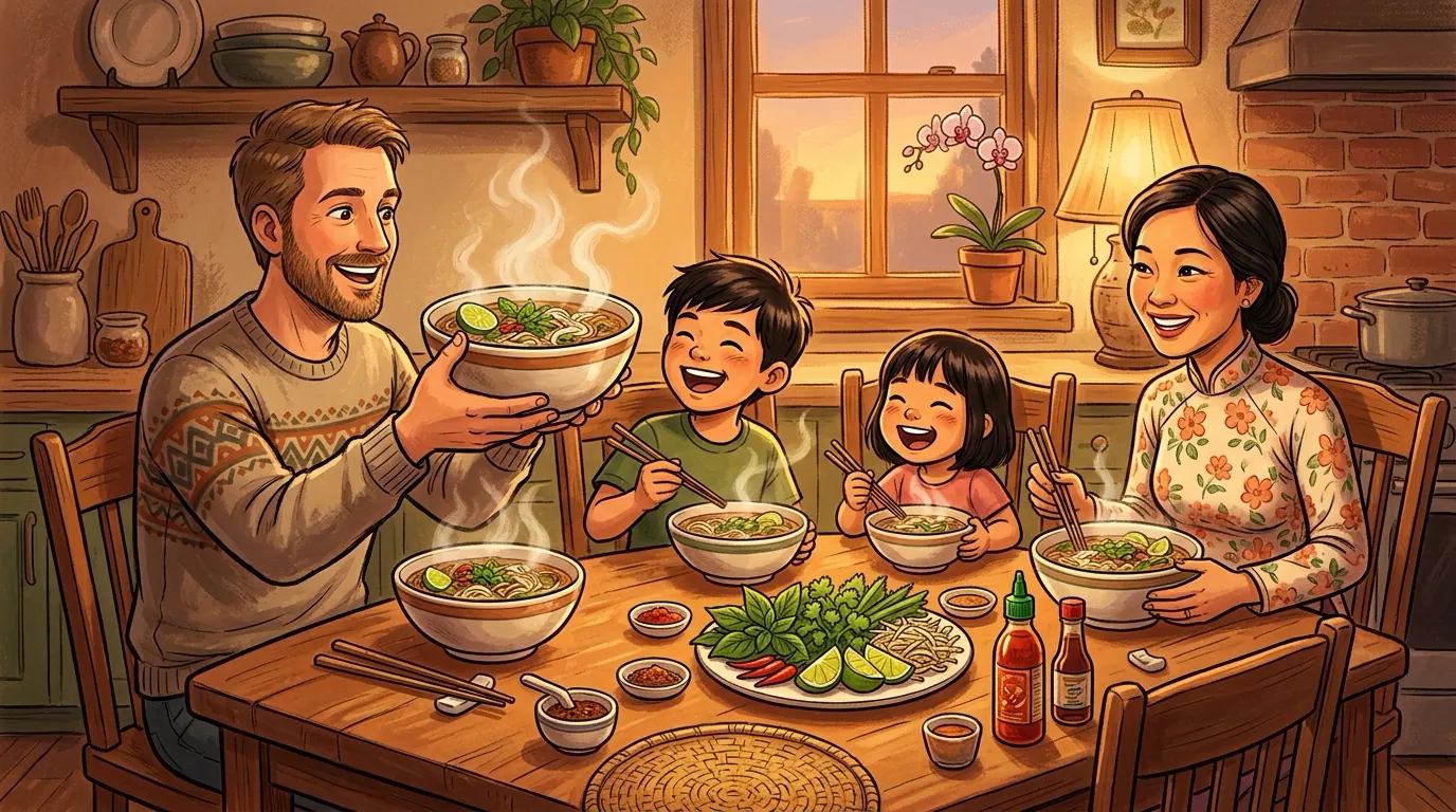 A father playfully serving Pho to his laughing children at the dinner table