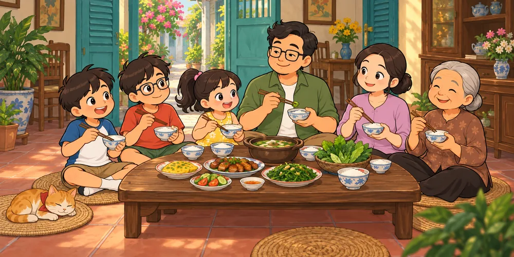 Ba, Má, các bé và Bà ngoại trò chuyện bên mâm cơm, mèo Cam nằm gần đó.