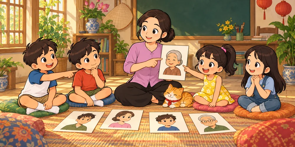 Children learn with family picture cards while Cam sits beside the teacher.