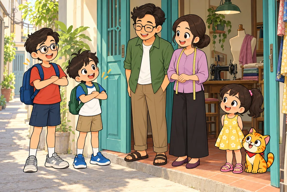 Bi và Bo vẫy tay chào Ba và Má ở cửa.