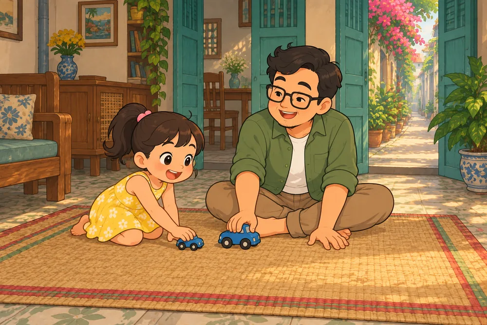 Ba và Na chơi xe đồ chơi trên tấm thảm ở nhà.