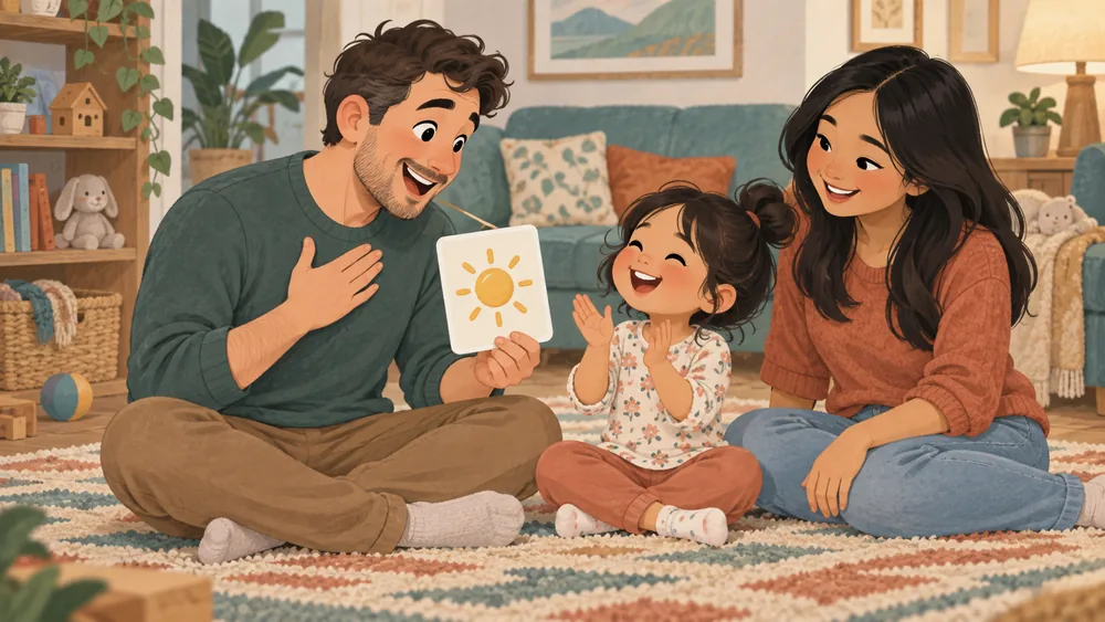 Bé vui vẻ cổ vũ khi ba tập nói lời chào gia đình.