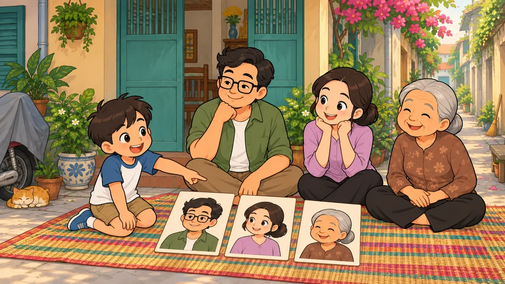 Bo chỉ vào thẻ hình Ba, Má và Bà ngoại trên tấm thảm nhiều màu.