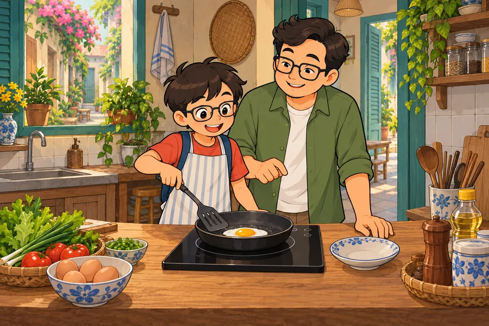 Bi chiên trứng trong bếp gia đình, Ba đứng bên hướng dẫn.