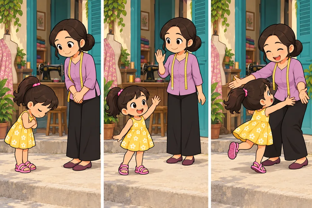 Ba hình cho thấy Na chào, vẫy tay và ôm Má.