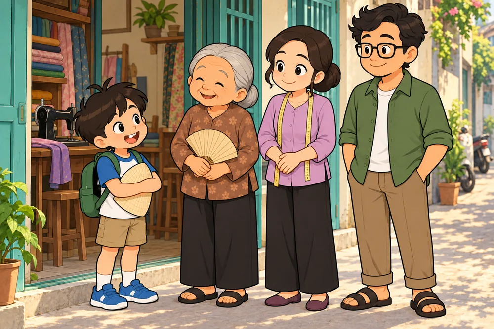 Bo stands with Ba, Má and Bà ngoại at home.