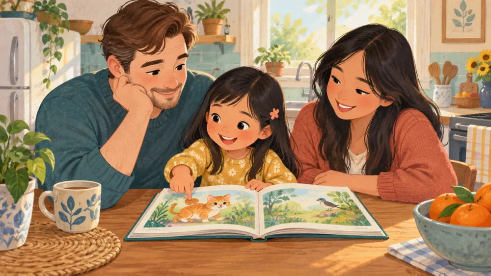 A father listens while his daughter shows a wordless picture book.