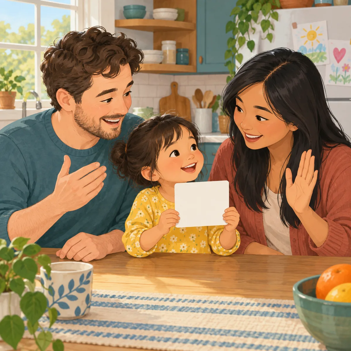 Parents help their child practice with a blank picture card in a US kitchen.