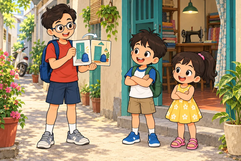 Bi shows a picture card to Bo and Na.