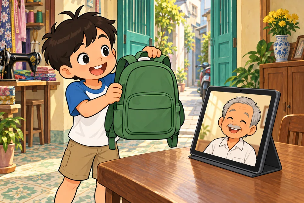 Bo khoe cặp màu xanh với Ông ngoại qua cuộc gọi video.