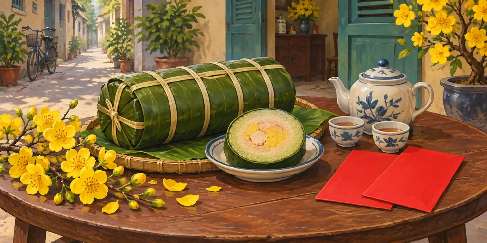 Bánh tét, hoa mai và bao lì xì không chữ trên bàn Tết.