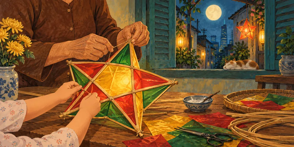 A grandparent and child make a colorful star lantern together.
