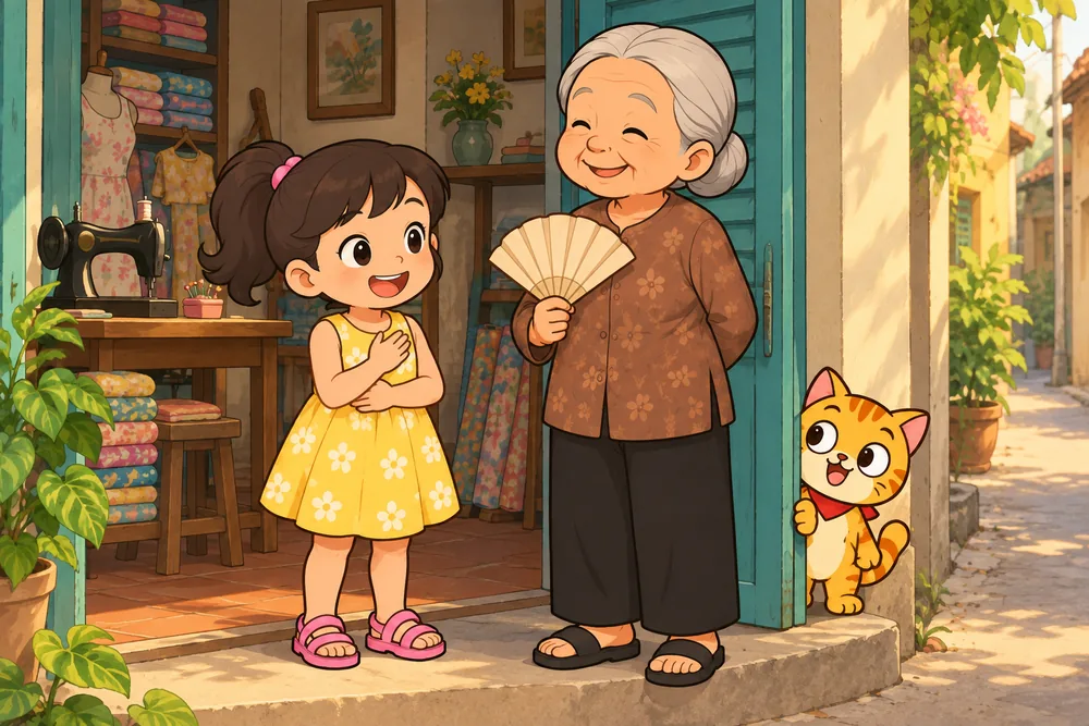 Na places a hand on her heart beside Bà ngoại.