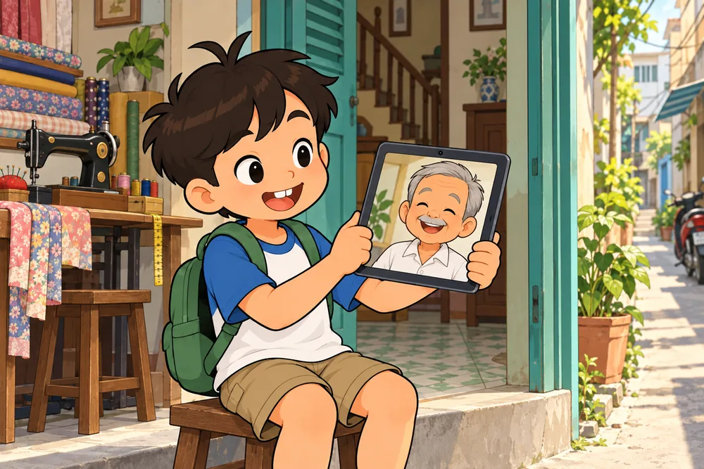 Bo cầm máy tính bảng trò chuyện với Ông ngoại.