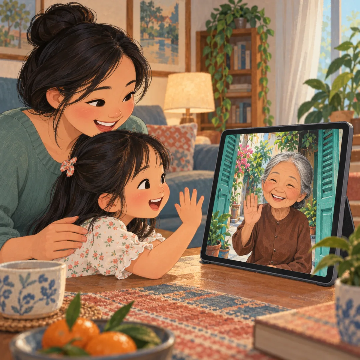 Một bé gốc Việt ở Mỹ chào bà qua cuộc gọi video.