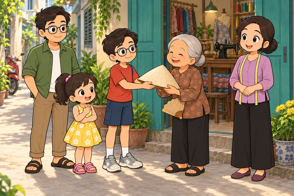 Bi trao lại chiếc nón cho Bà ngoại, Na, Ba và Má đứng xem.