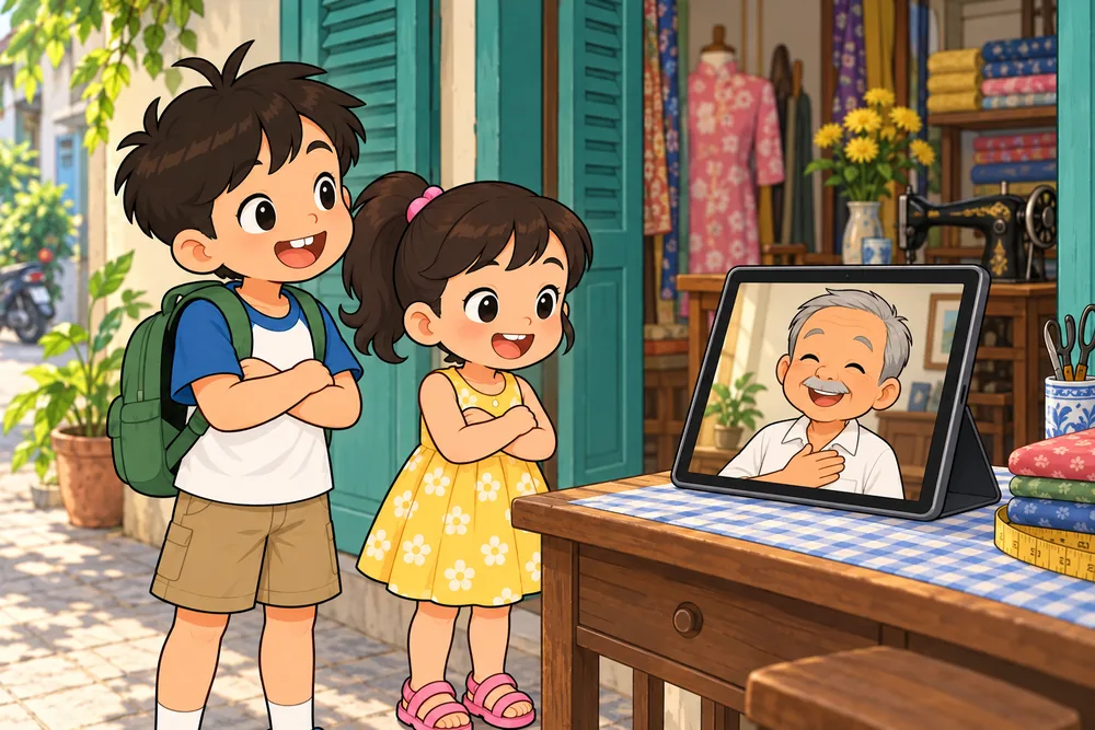 Ông ngoại touches his chest while speaking to the children by video.
