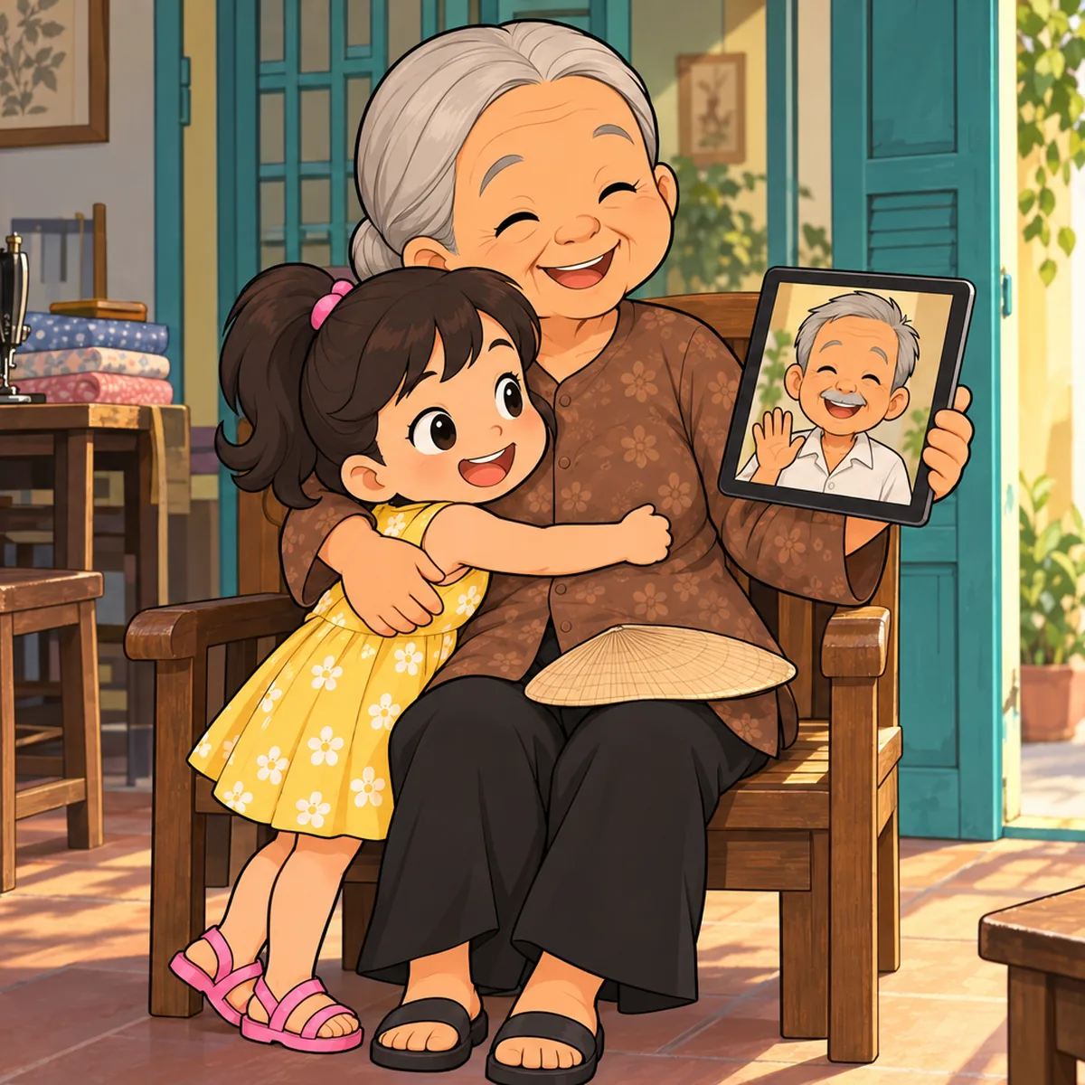 Na hugs Bà ngoại while Ông ngoại smiles on a tablet.