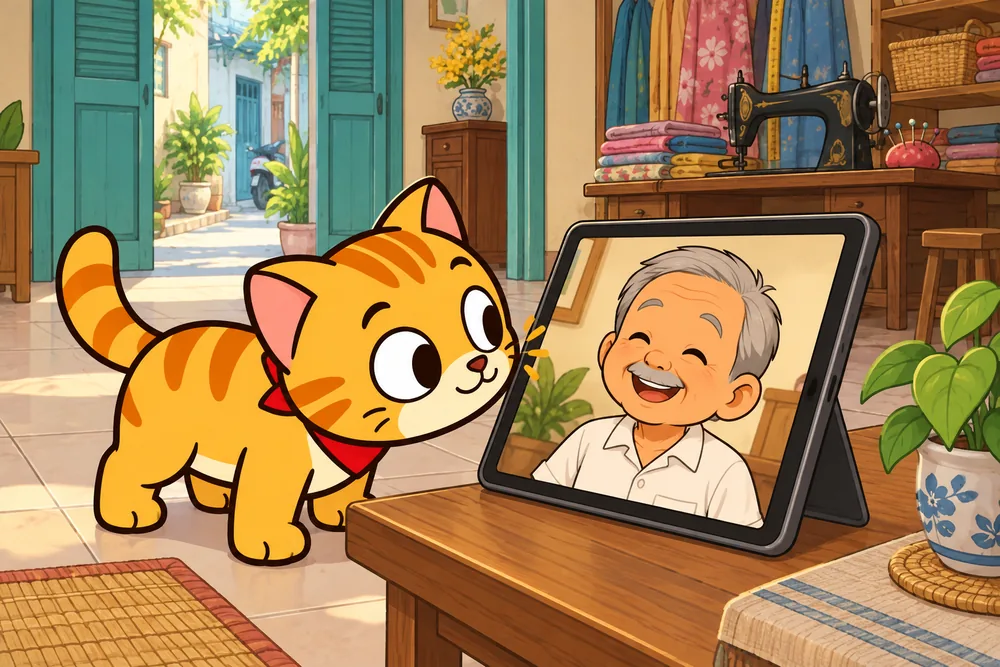 Mèo Cam ngửi máy tính bảng khi Ông ngoại nhìn qua màn hình.