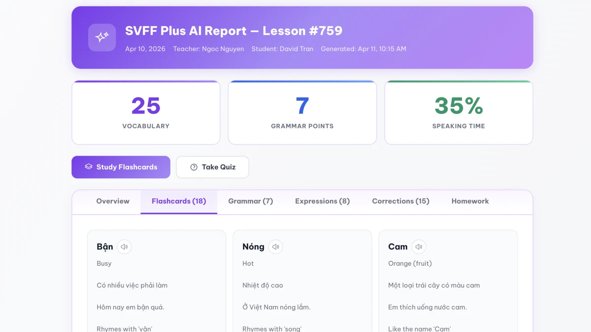 SVFF Plus AI lesson report with personalised vocabulary, grammar, speaking time, flashcards, and quiz